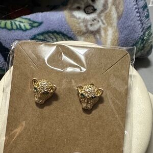 Gold Leopard Head Stud Earrings with Green Eyes - Women Jewelry Earrings